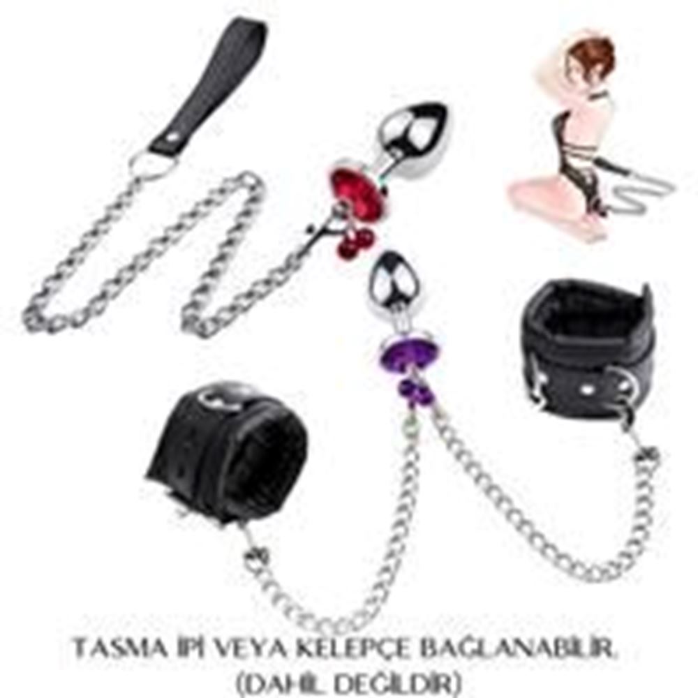 BDR-L0515-2 Paslanmaz Çelik Kırmızı Taşlı Zilli Metal Anal Plug