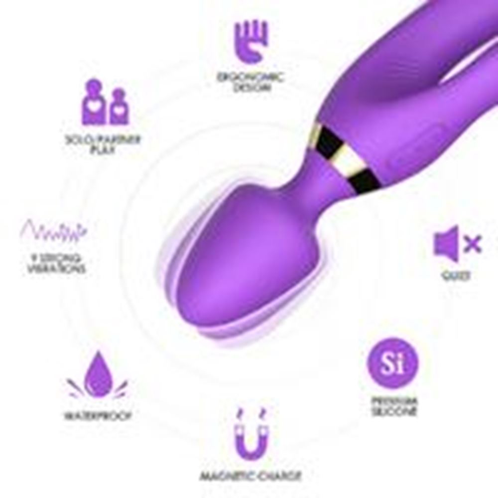 BDR-W05M Manyetik Şarjlı Su Geçirmez Wand Massager 3 in 1 Dildo Vibratör - Mor